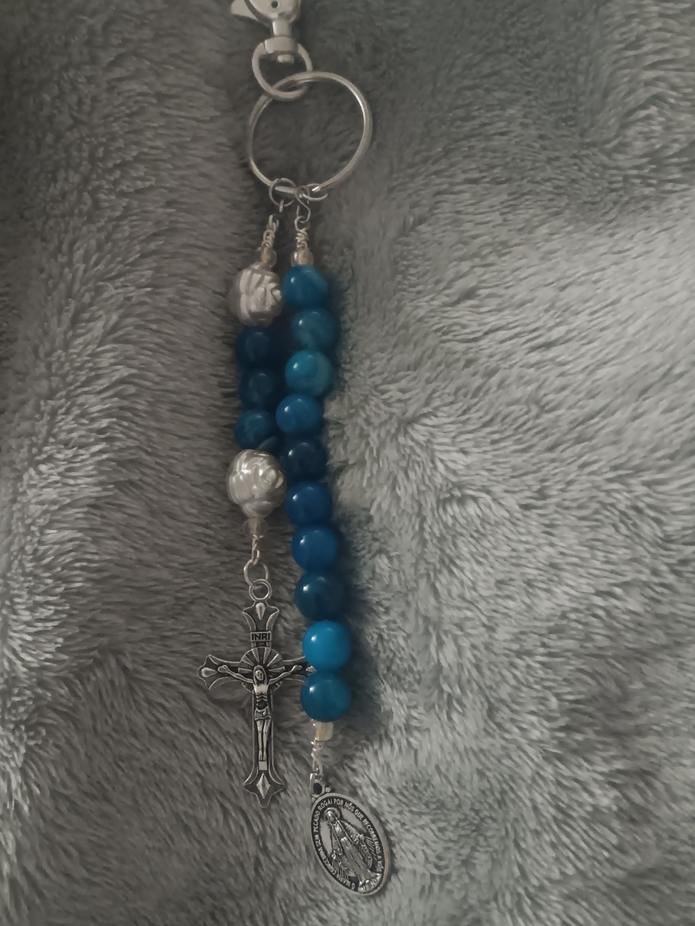 Blue Beaded Rosary Keychain with Silver Cross